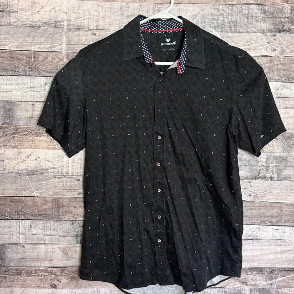 Buttercloth Geometric Shirt Mens XLT Black Button Up Short Sleeve Casual Comfort